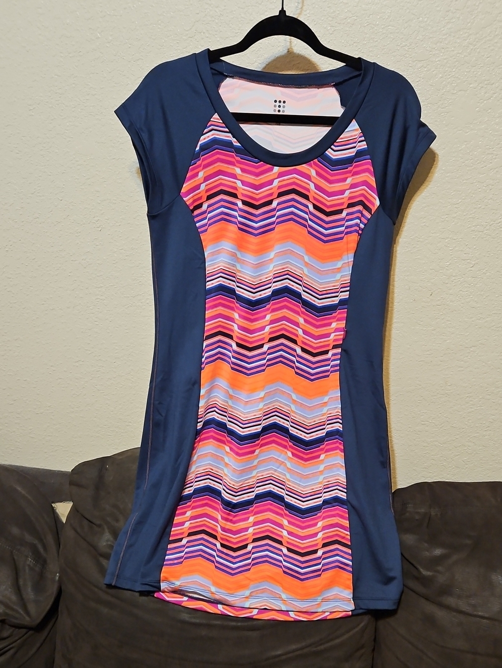 Title Nine Navy Blue Panel Midi Dress with Pink Orange Purple Chevron Print